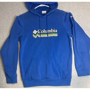 columbia Sz XS Mens Blue Hoodie Retro Rainbow Logo